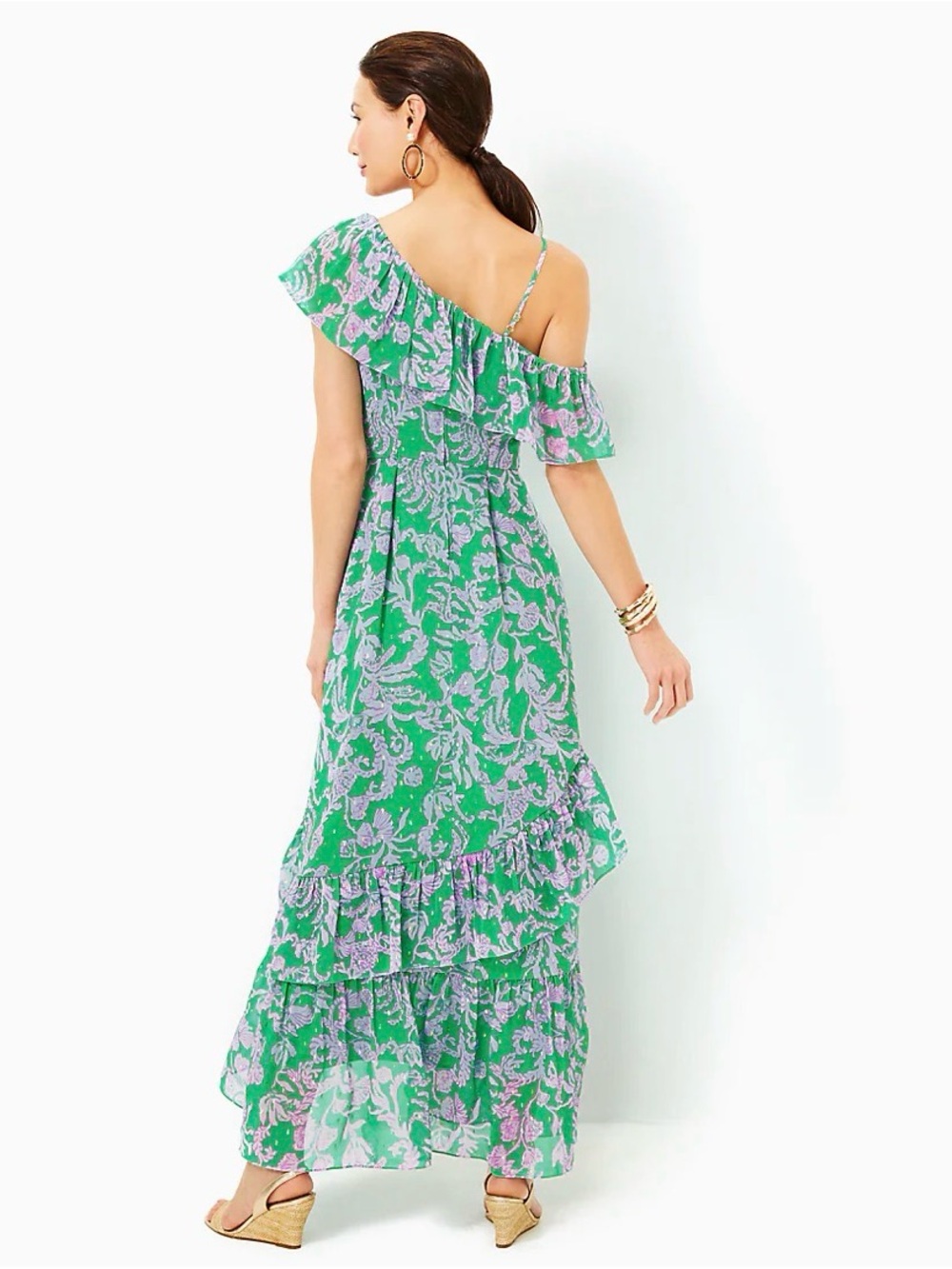 Lilly Pulitzer Green and Lavender Floral High-Low Maxi Dress Rosalyn Ruffle - Picture 2 of 13